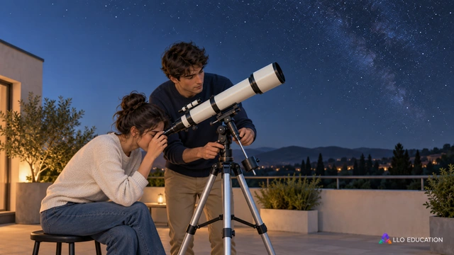 Deux jeunes adultes règlent une lunette astronomique sur une terrasse nocturne, sans inscription ni rayon ajouté.