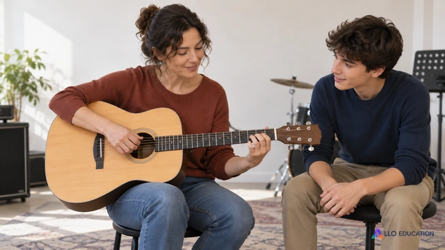 Une femme et un jeune adulte partagent un geste musical avec une guitare, dans une salle de répétition sobre.