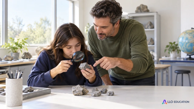Une lycéenne fictive examine de simples fragments de roche grise avec une loupe, aux côtés d’un enseignant dans un atelier de sciences ; aucun fossile identifié, aucune carte ni ét