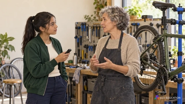 Lou écoute la responsable d’un atelier vélo avec un petit enregistreur.