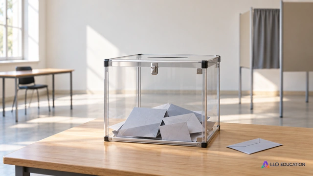 Une urne transparente et une enveloppe unie reposent sur une table claire.