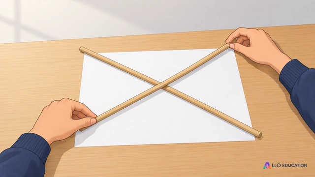 Deux mains d'élève disposant deux longues baguettes de bois brut en croisement sur une feuille blanche entièrement vierge posée sur une table nue, aucun instrument gradué.