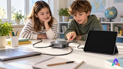 Un boîtier, un câble et une tablette : les échanges numériques utilisent des équipements.