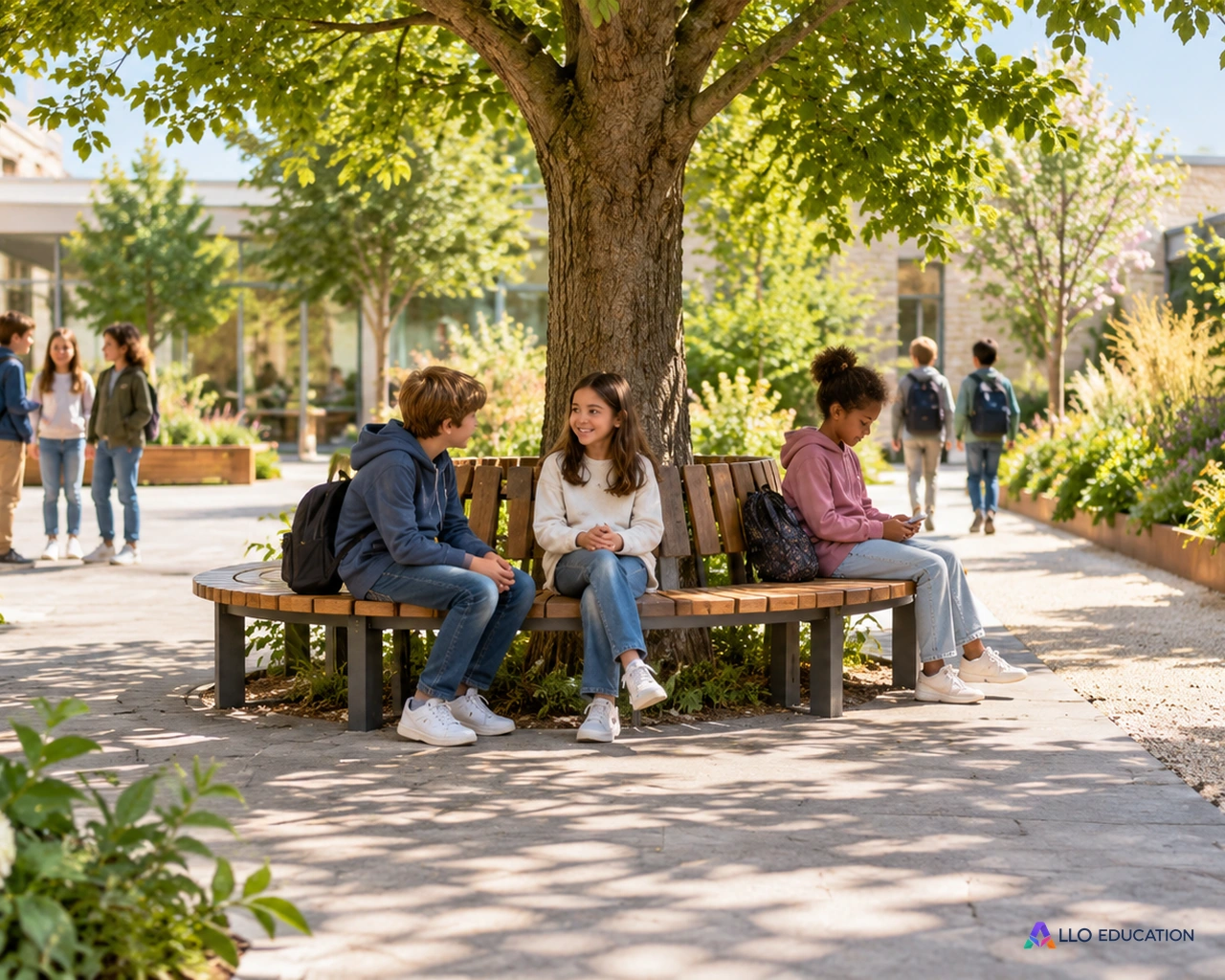 Un banc sous un arbre, près d’une allée et d’une zone plantée : les aménagements répondent à des usages.